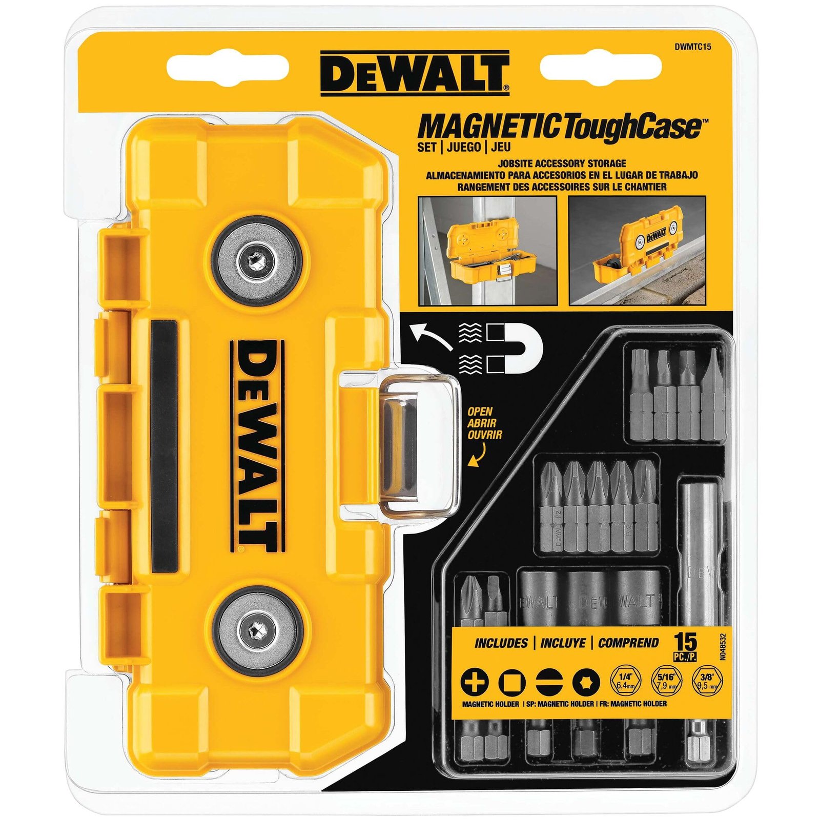 DEWALT DWMTC15 Impact Driver Bit Set with Magnetic Tough Case, 15-Piece Carbide Tipped Screwdriver Drill Bits | Industrial Power Tool Accessories for Metal, Wood, Fastening | Heavy Duty Impact Ready
