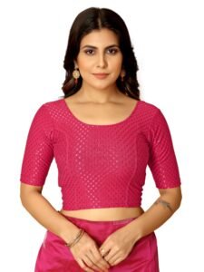 Amazon Brand – Anarva Round Neck Dobby Cotton Lycra Stretchable Elbow Half Sleeve Readymade Saree Blouse for Women Stylish