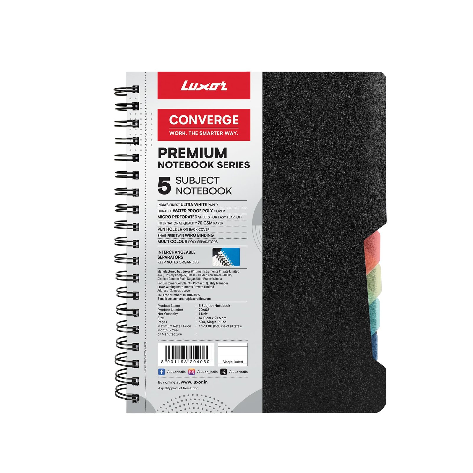 Luxor 5 Subject Single Ruled Notebook – A5 Size, 300 Pages, 70 GSM