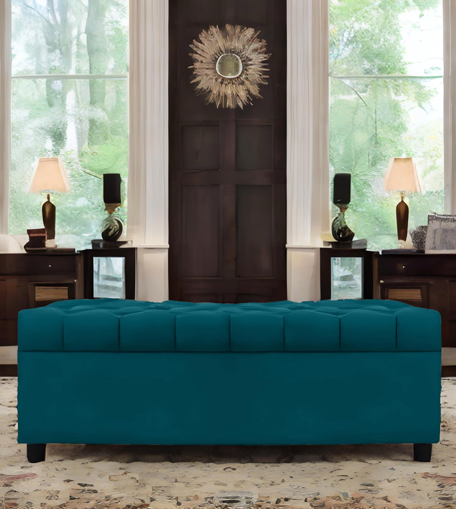 AMATA Eagle Solid Wood 2 Seater Ottoman/pouffe Ocean Blue Suede Velvet Fabric Perfect for Home Living Office Room and Guests (Ocean Blue 3, 2 Seater)(3 Year Warranty)