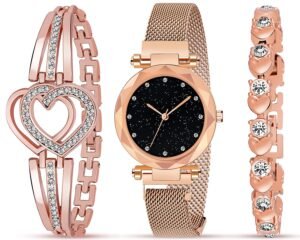 Acnos Brand – A Watch Analogue Plain Black Dial Magnet Watch With Gift Bracelet For Women Or Girls And Watch For Girl Or Women (Combo Of 3)