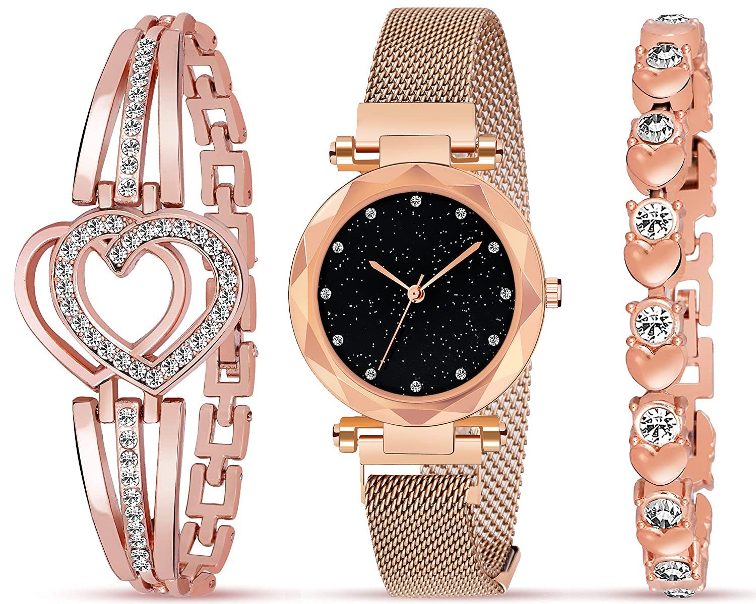 Acnos Brand – A Watch Analogue Plain Black Dial Magnet Watch With Gift Bracelet For Women Or Girls And Watch For Girl Or Women (Combo Of 3)