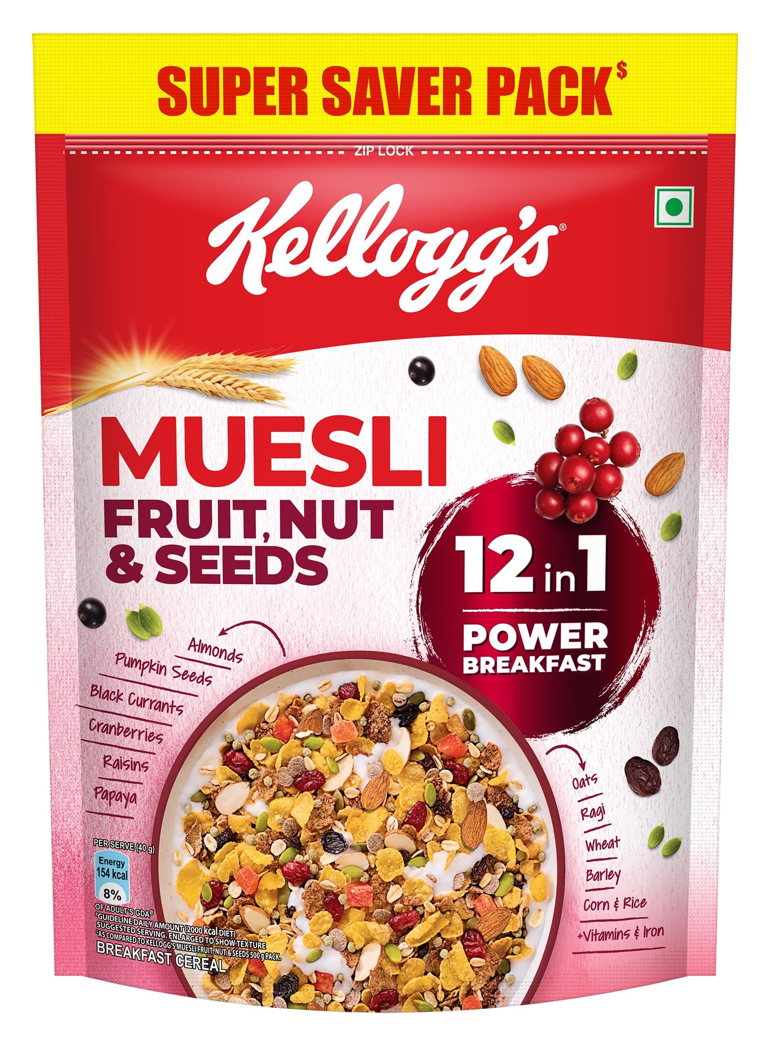 Kellogg’s Muesli Fruit Nut & Seeds | 12 In 1 Power Breakfast | No Maida No Palm Oil | India’s No 1 Muesli | 750g | Super Saver Pack with Ziplock