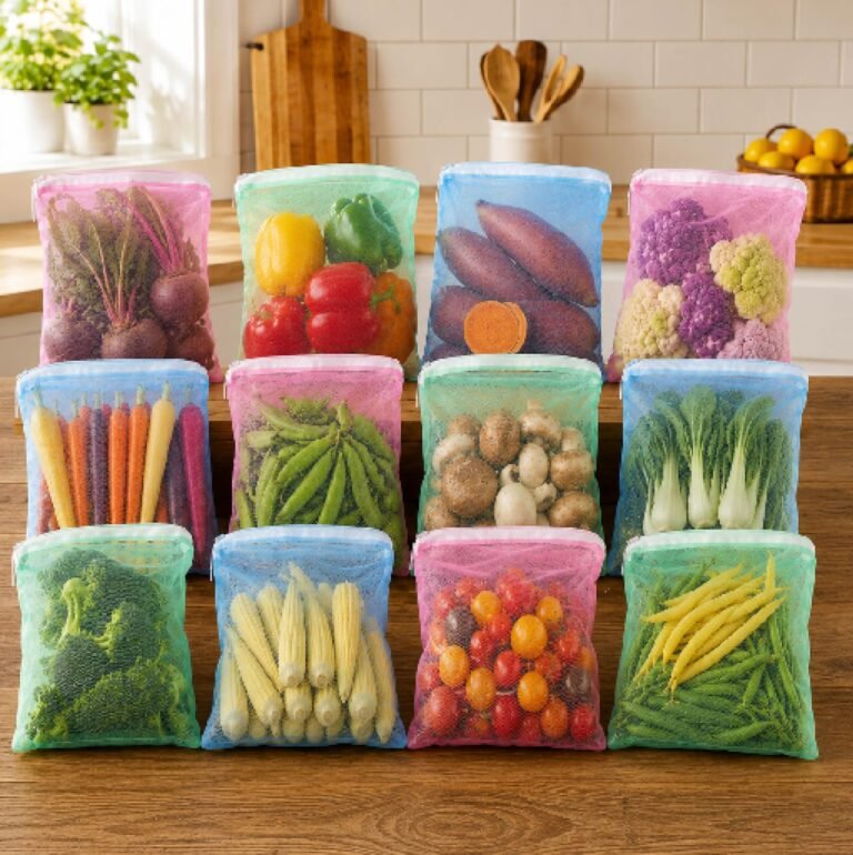 Homestrap Reusable Mesh Fridge Storage Bags Set of 12 | Fruit & Vegetable Bags for Refrigerator | Washable Multipurpose Grocery Organizer Pouches with Zip Closure (9 X 13 Inches | Multicolor)