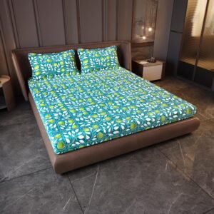 Divine Casa 144 TC Cotton King Size Bedsheet with 2 Pillow Covers | Soft Breathable Printed Bedsheet for King Size Bed | Bed Sheet Set for Bedroom & Guest Room | 270 x 270 cm, Teal & Yellow