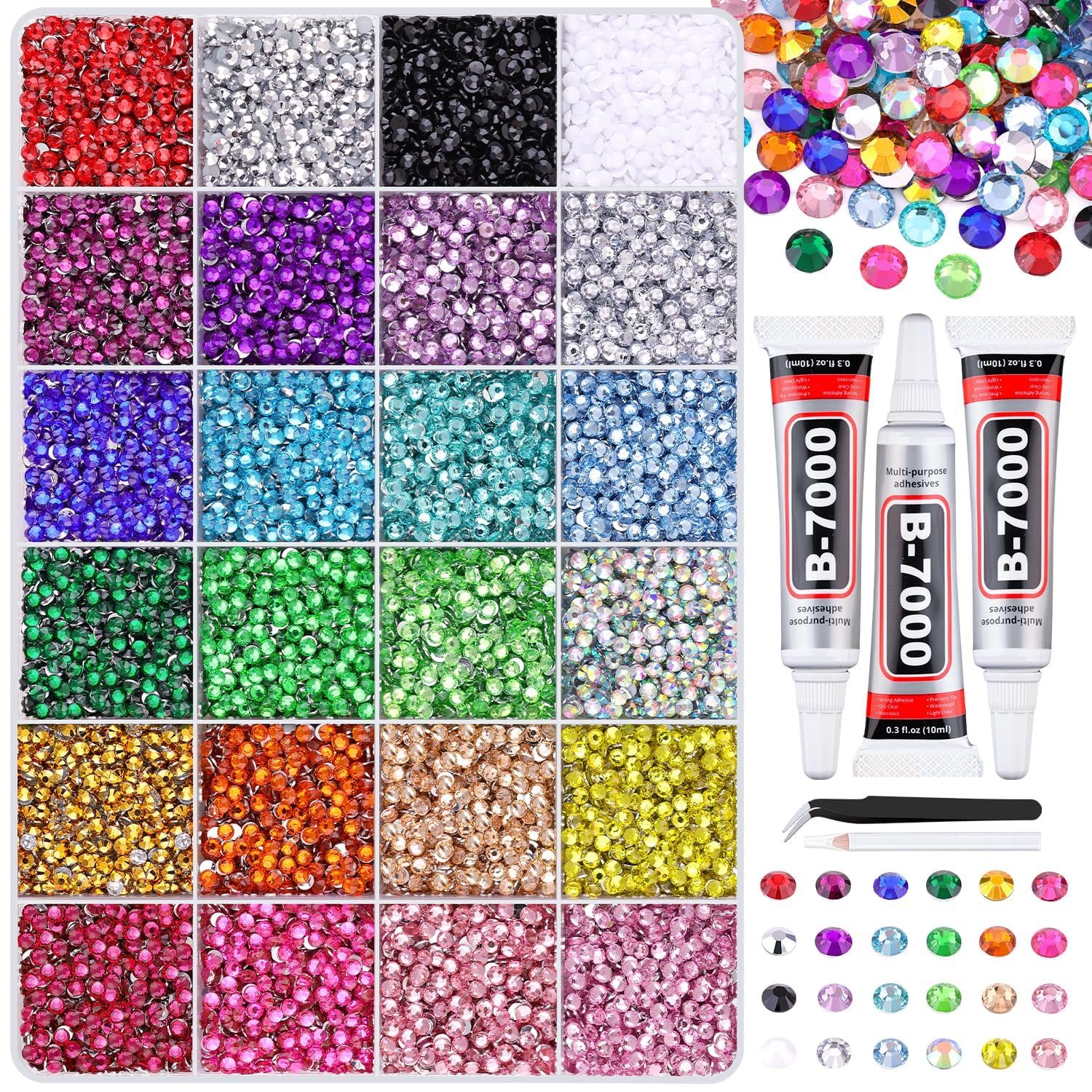 24000Pcs Resin Rhinestones Bedazzling Kit, 24 Colors 3mm Flatback Gems with B7000 Glue, Tweezers, Pickup Pen & Sharpener for DIY Crafts, Nail Art, Clothes, Shoes, Diamond Art