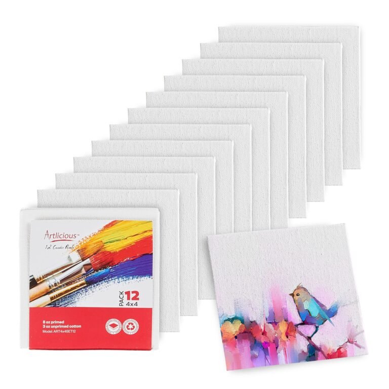 Artlicious Canvases for Painting – Pack of 12, 4 x 4 Inch Blank White Canvas Boards – 100% Cotton Art Panels for Oil, Acrylic & Watercolor Paint
