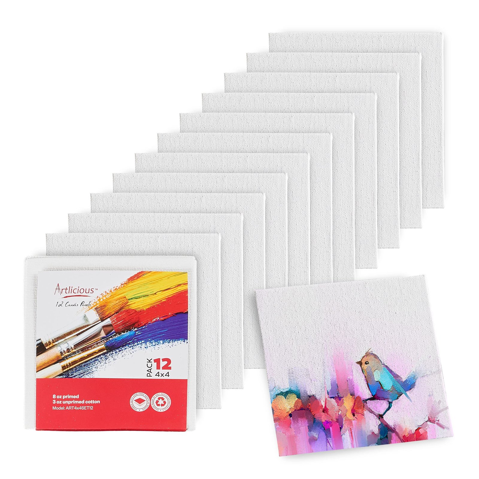Artlicious Canvases for Painting – Pack of 12, 4 x 4 Inch Blank White Canvas Boards – 100% Cotton Art Panels for Oil, Acrylic & Watercolor Paint