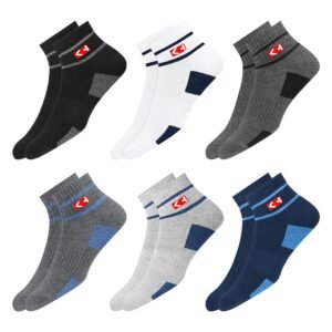 Sports Socks Men with Cushion, Stripe Design, Quarter Length, Pack of 6 (Free Size)