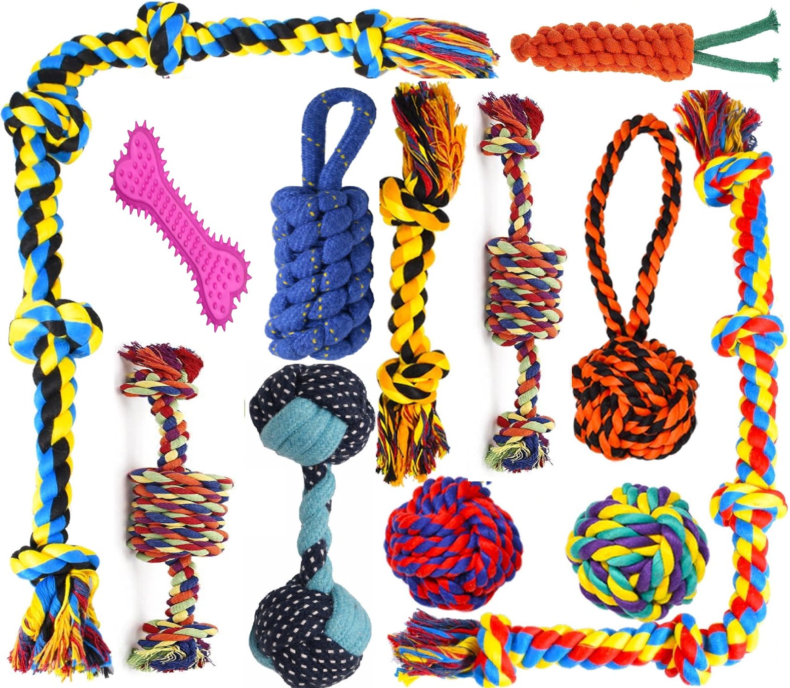 Dog and Puppy Toy Set – Chew, Teething, Rope, and Tug Toys for Small to Medium Dogs – Washable Cotton Pack of 12