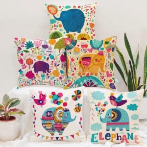 STITCHNEST Set of 5 Polycotton Cushion Covers – 16×16 Inches – Multicolor Elephant & Jungle Print – Playful Cushion Covers for Kids Room, Sofa & Living Room Decor
