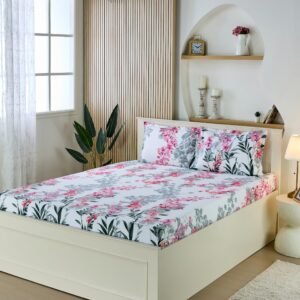 Amazon Brand – Solimo King Size Flat Bedsheet with 2 Pillow Cases | 180 TC | 100% Cotton | Washing Machine Washable | 90 x 108 Inches | Floral Design (Pink)