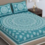 Cotton Blend Traditional Mandala Jaipuri Printed Bedsheet for Double Bed King Size with 2 Pillow Covers, Sea Green, 120 TC