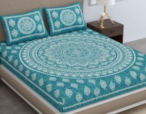 Cotton Blend Traditional Mandala Jaipuri Printed Bedsheet for Double Bed King Size with 2 Pillow Covers, Sea Green, 120 TC