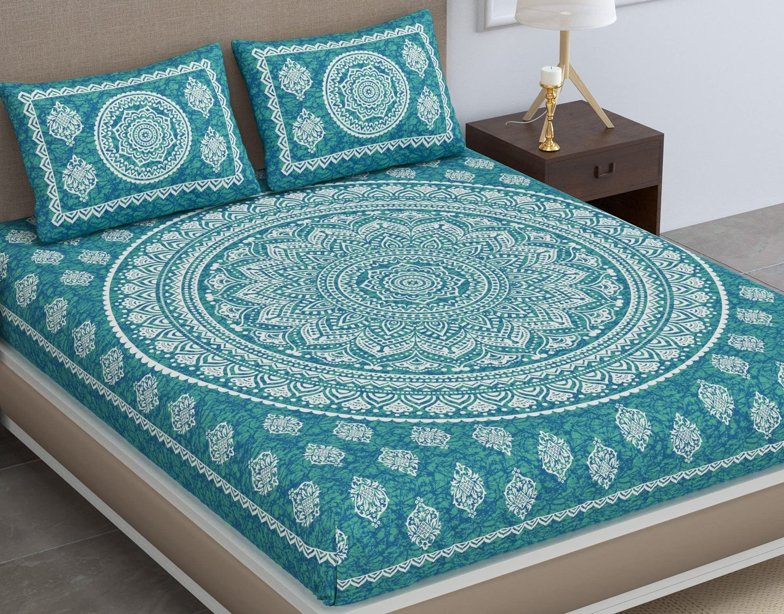 Cotton Blend Traditional Mandala Jaipuri Printed Bedsheet for Double Bed King Size with 2 Pillow Covers, Sea Green, 120 TC