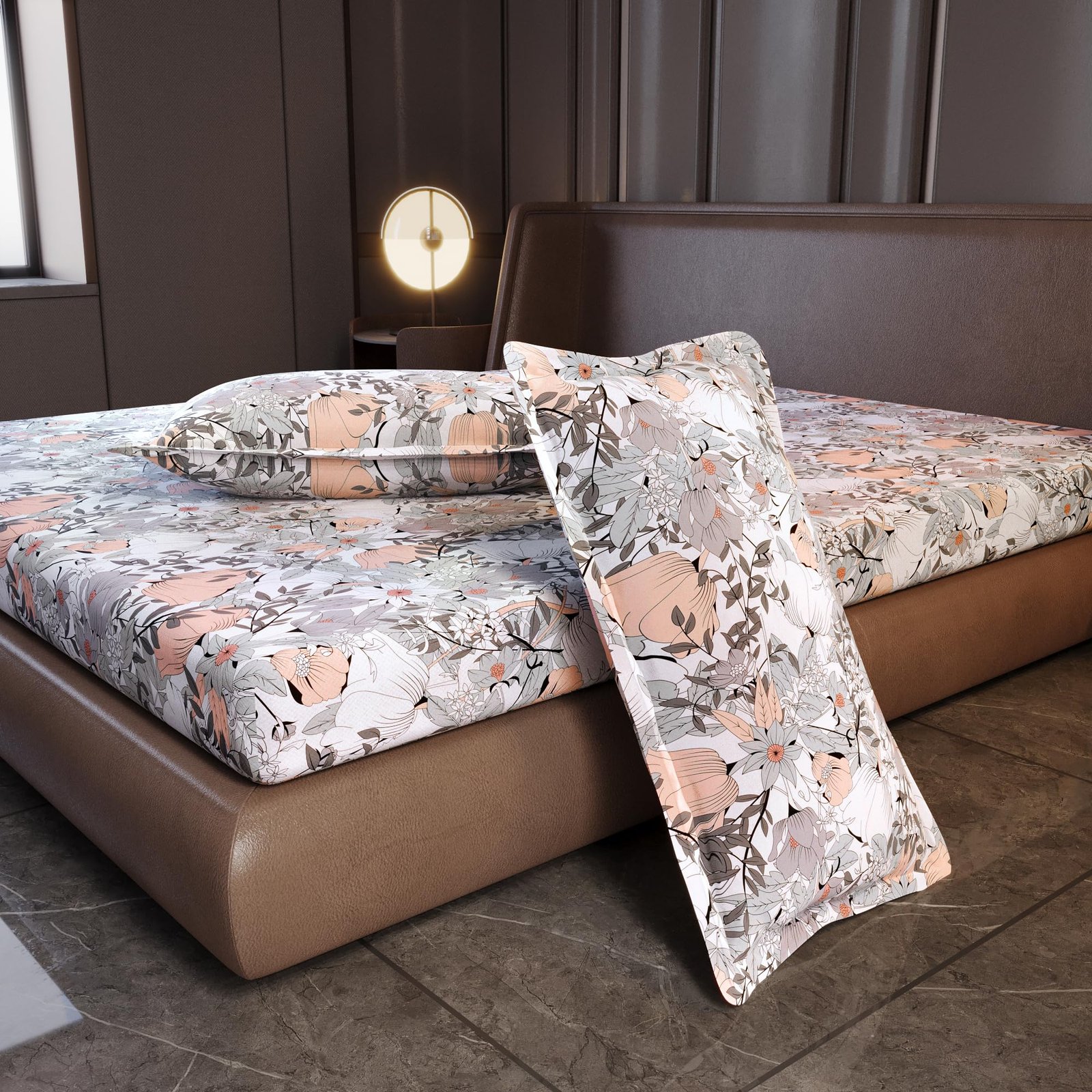 Divine Casa Premium 144 TC 100% Cotton King Size Bedsheet with 2 Pillow Covers | Soft Breathable Bed Sheet for King Size Bed | Elegant Printed Bedding Set | 270 x 270 cm, Blush Grey